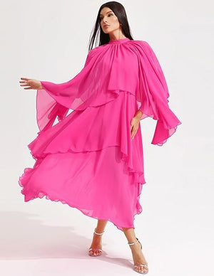 Pembe volanlı yaka uzun polyester elbise