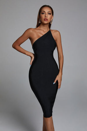One-shoulder midi party dress in classic black with a low-cut back and high stretch bandage material.