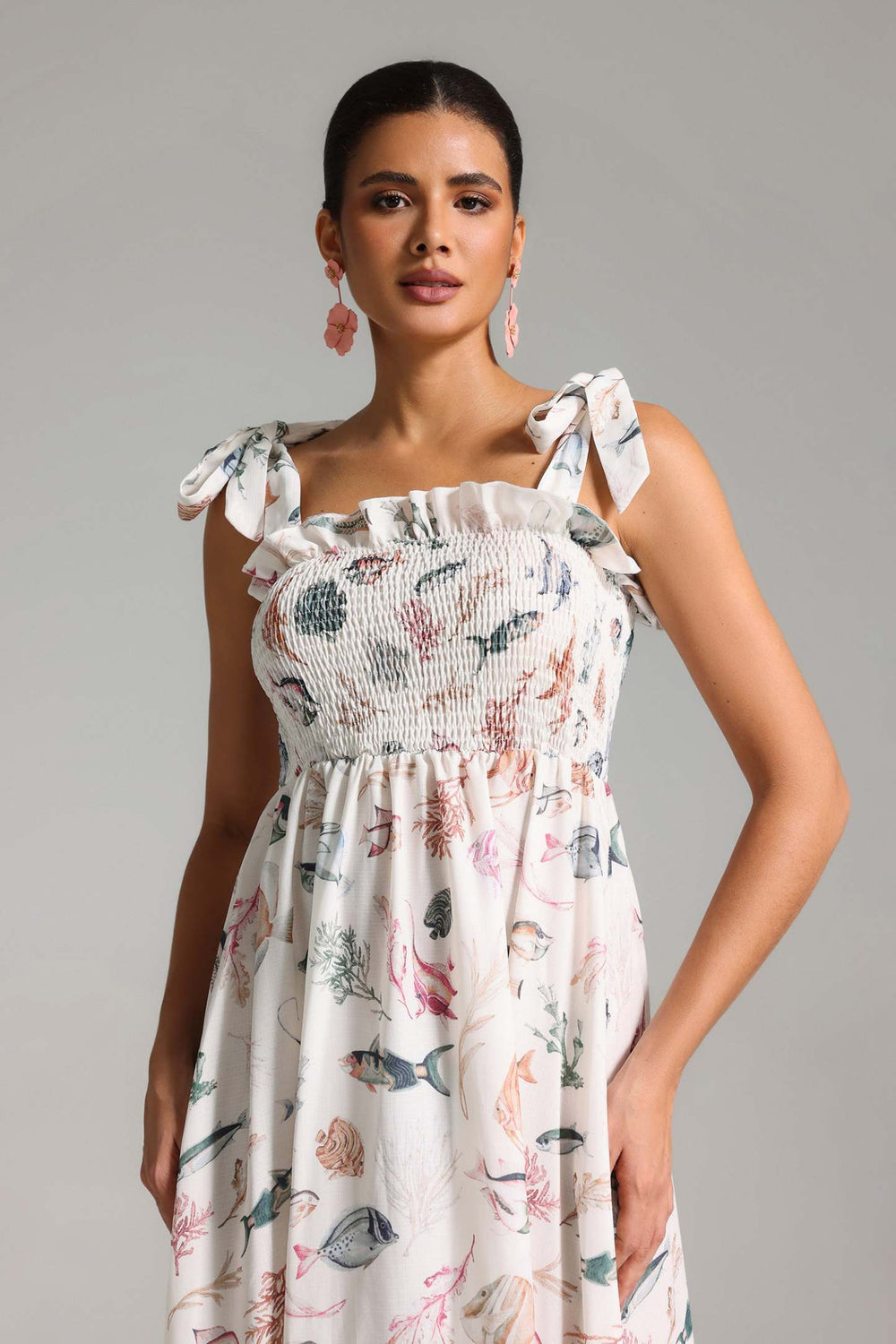 Jouy baskılı, halter yaka uzun polyester elbise