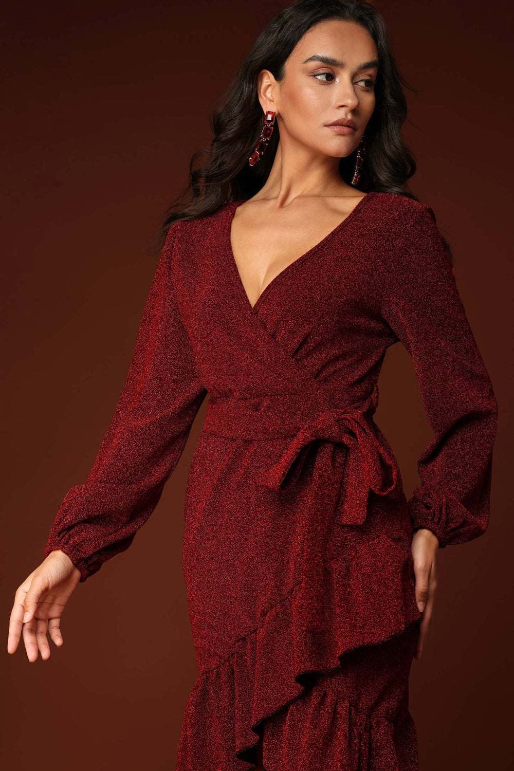 Joy V yaka uzun kollu mini elbise, polyester kumaşlı