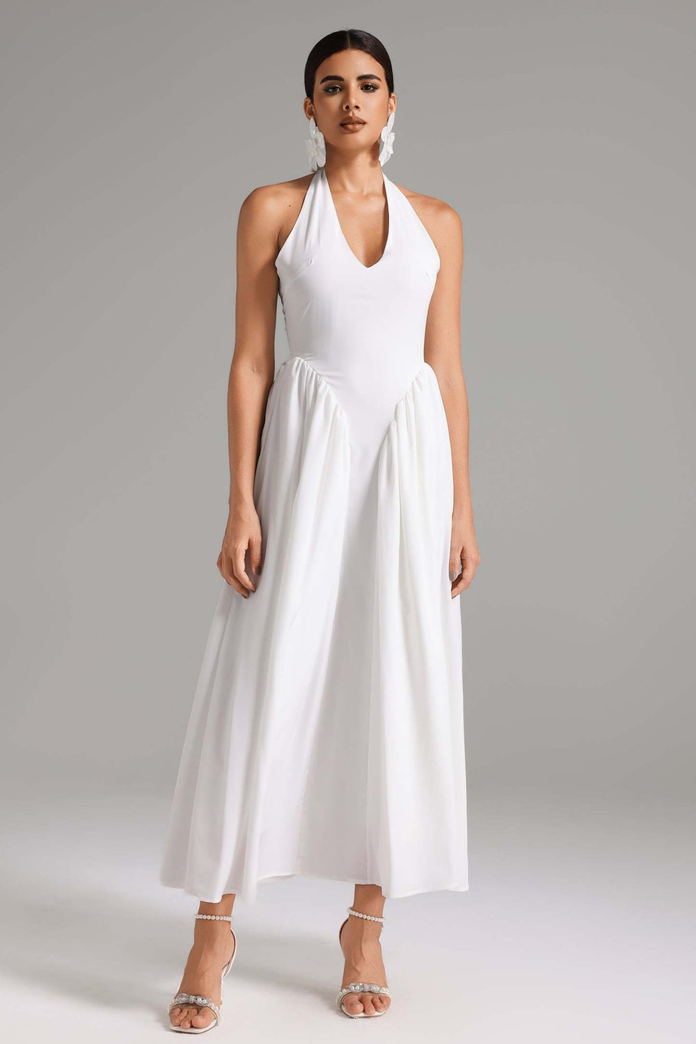 Halter yaka maksi elbise, polyester ve spandex karışımı, Junya marka