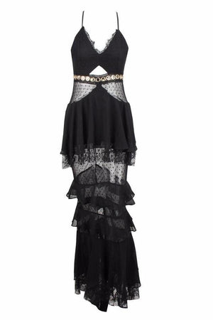 Kapa Siyah File Detaylı Uzun Elbise