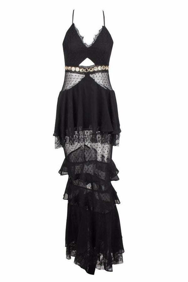 Kapa Siyah File Detaylı Uzun Elbise