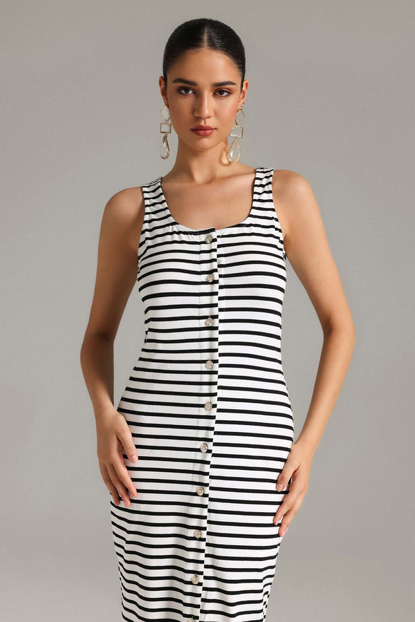 Ketrina Çizgili Halter Yaka Midi Elbise