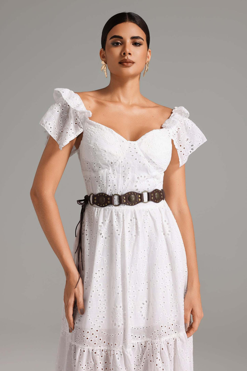 Lesley nakışlı dantelli midi elbise, polyester kumaştan