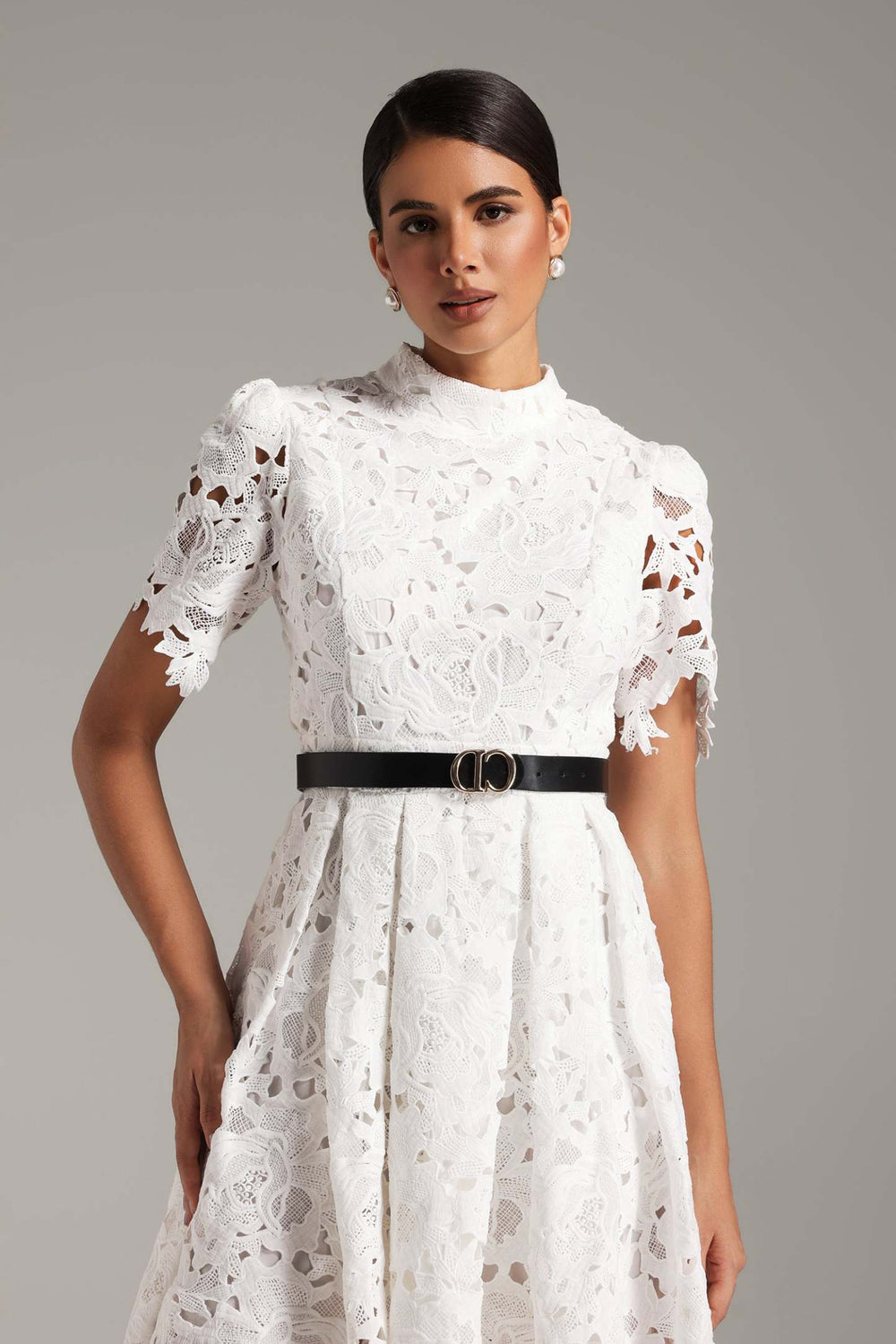 Lyall dantel midi elbise, polyester kumaşlı