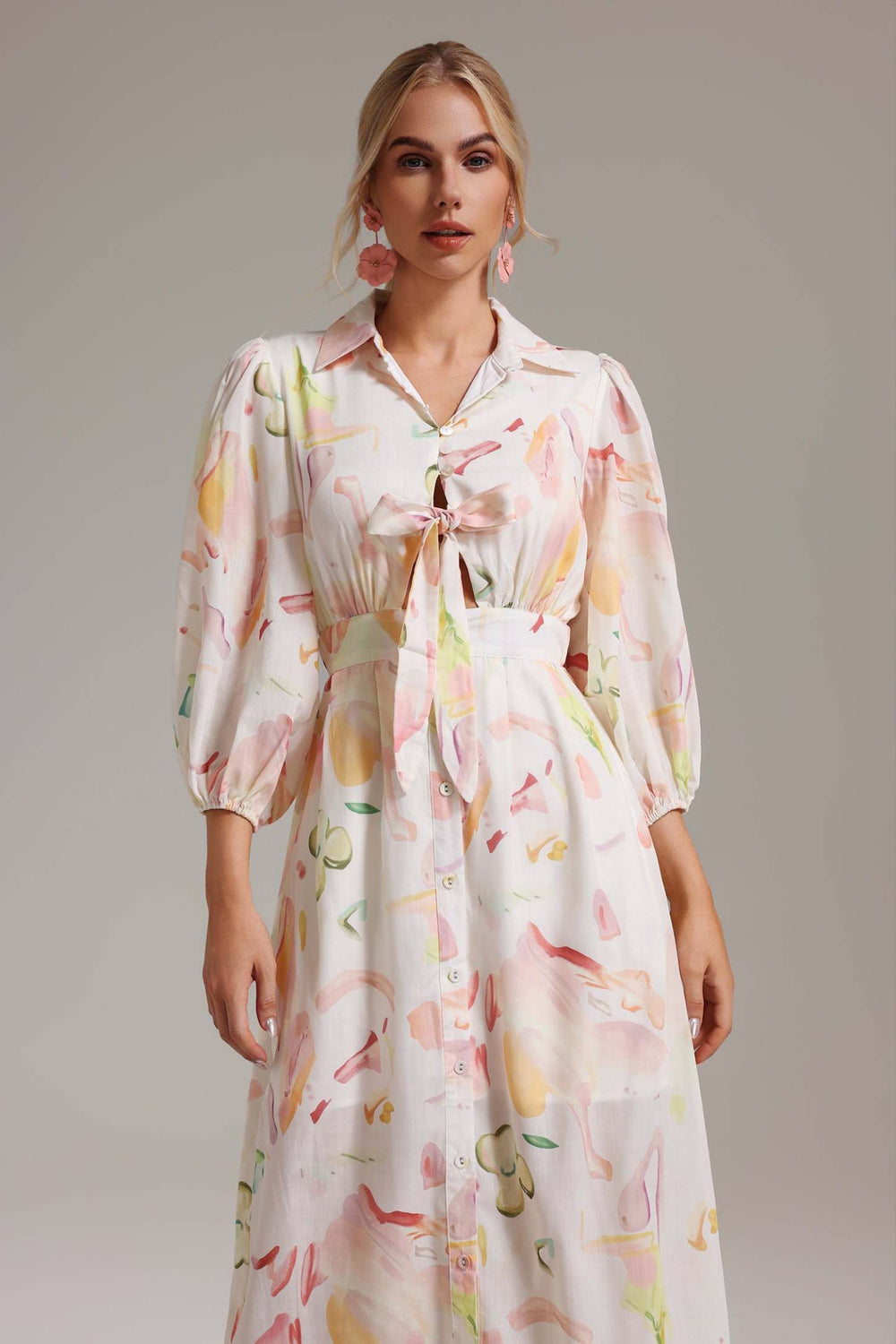 Düğmeli patlı, baskılı, polyester elbise