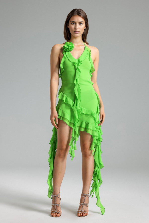 Yeşil Margot çiçekli volanlı halter mini elbise