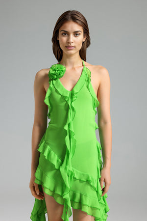 Yeşil Margot Çiçekli Volanlı Halter Mini Elbise