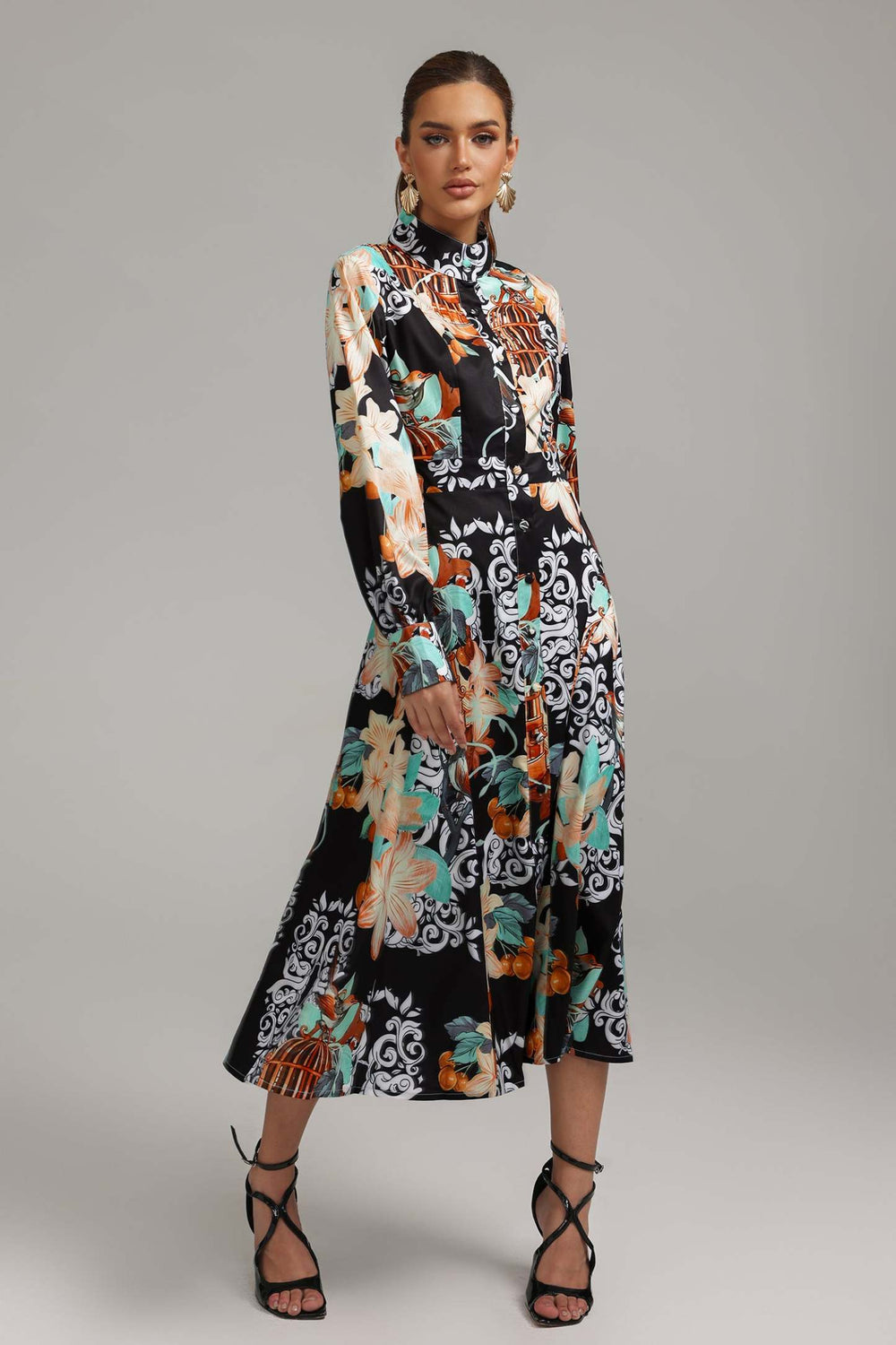 Desenli polyester midi elbise, makinede yıkanabilir