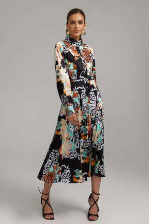 Desenli polyester midi elbise, makinede yıkanabilir