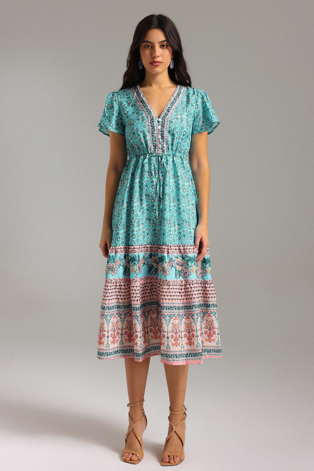 Mia V yaka desenli midi elbise, polyester kumaşlı