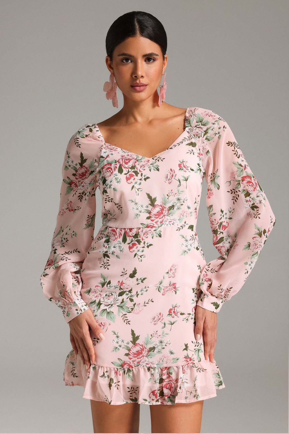 Desenli volanlı mini elbise, polyester ve pamuk karışımı