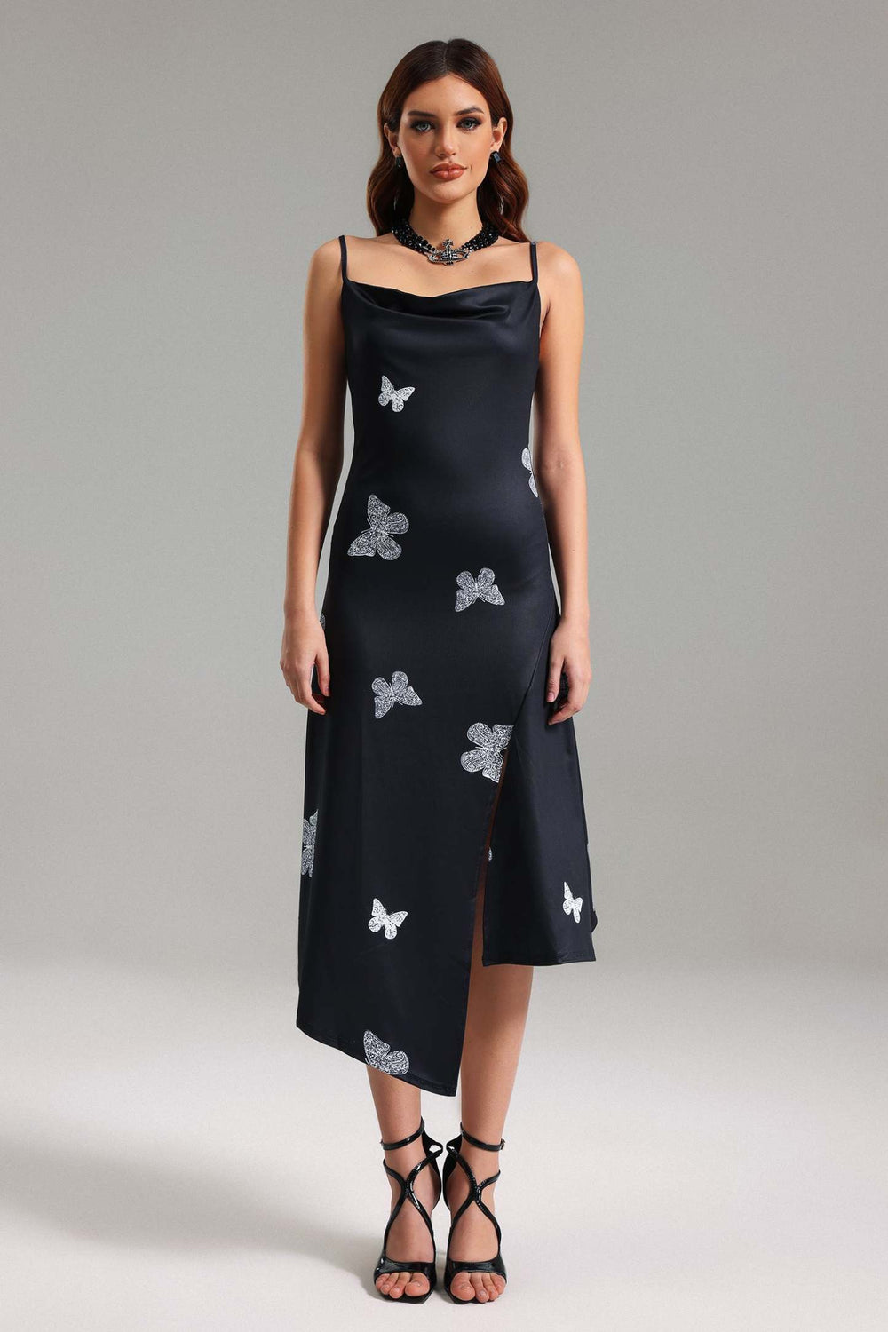 Baskılı halter yaka midi elbise, polyester malzeme