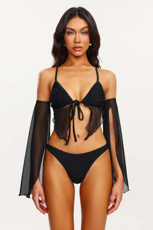 File detaylı kollu bikini, polyester ve spandex malzemeden.