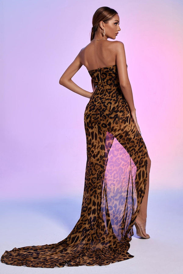 Leopar Desenli Omuz Açık Maxi Elbise