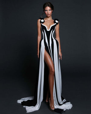 Omega V Yaka Çiçek Desenli Bandaj Maxi Elbise