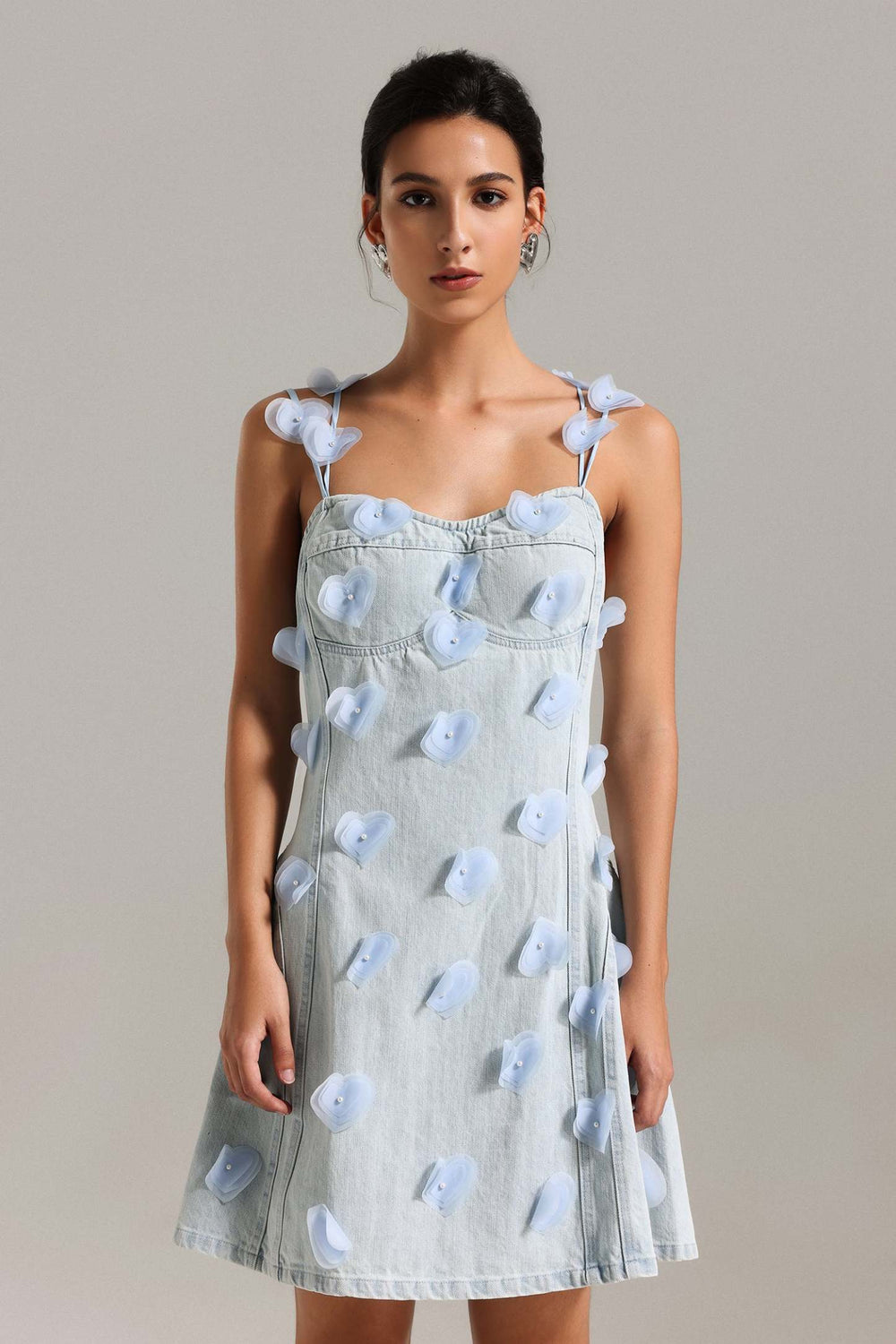 Olivia çiçek desenli halter yaka kot mini elbise