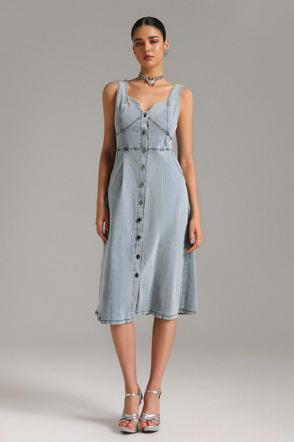 Kolsuz denim midi elbise, polyester kumaşlı