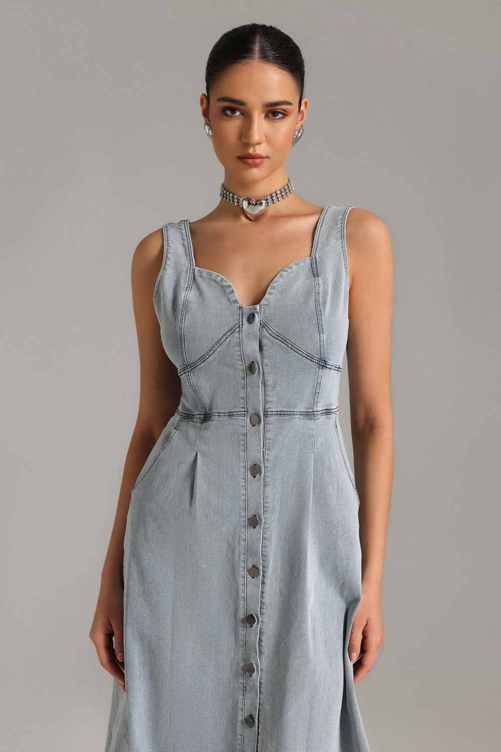 Kolsuz denim midi elbise, polyester kumaşlı