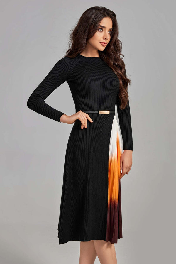 Reese Renk Geçişli Patchwork Pileli Midi Elbise