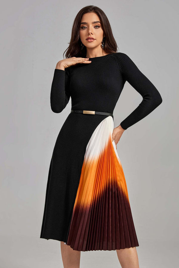 Reese renk geçişli patchwork pileli midi elbise, polyester kumaşlı.
