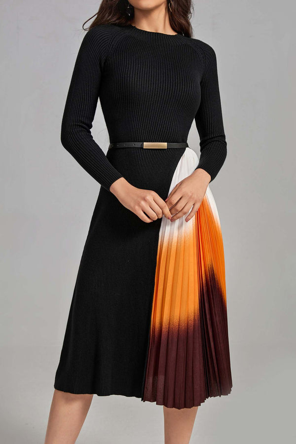 Reese Renk Geçişli Patchwork Pileli Midi Elbise