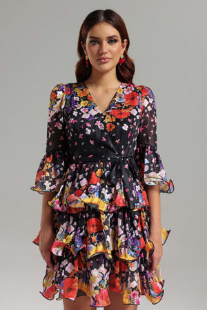 V-yaka katmanlı mini elbise, polyester kumaşlı