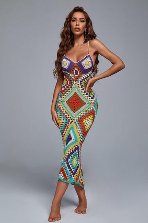 Knitted cotton maxi dress in rich colors with casual shoes compatibility
