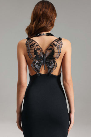 Kelebek Desenli Halter Yaka Midi Elbise