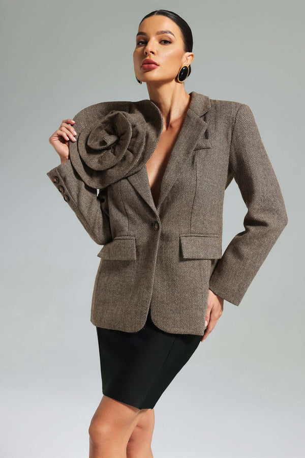 Kahverengi Sada Çiçek Desenli Blazer