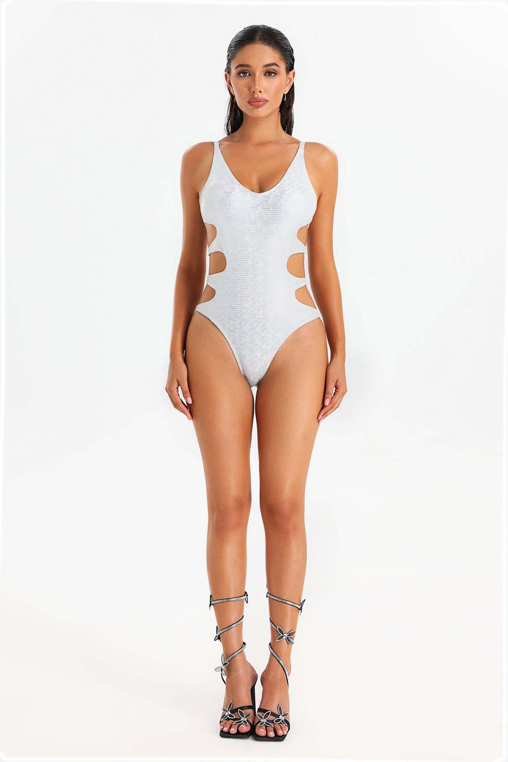 Metalik polyester blend kesik mayo, parlak gümüş renginde