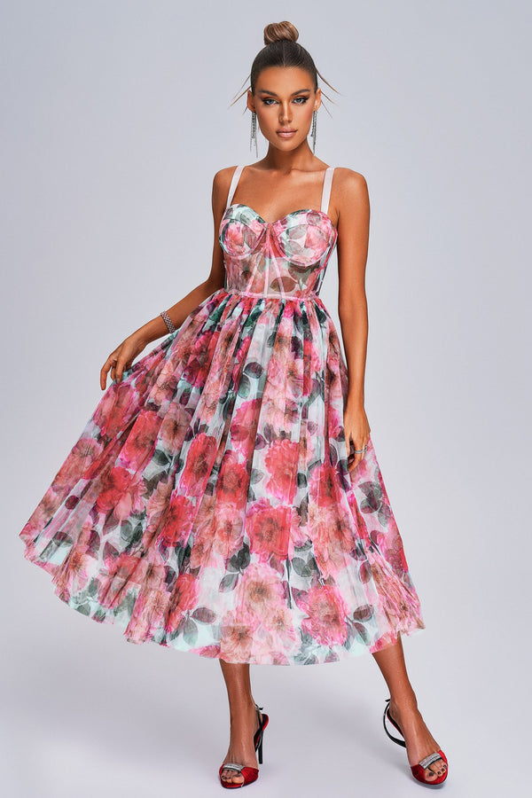 Floral print Sareza midi dress with sweetheart neckline and tying straps.