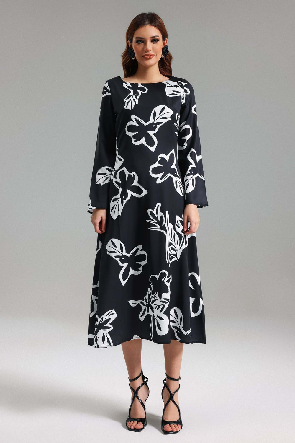 Savier desenli polyester midi elbise, makinede yıkanabilir