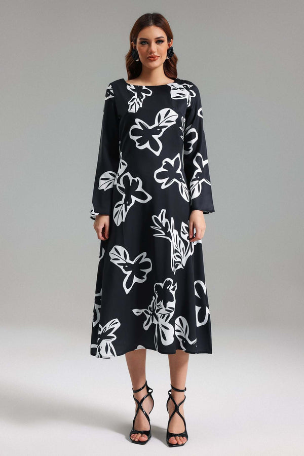 Savier desenli polyester midi elbise, makinede yıkanabilir