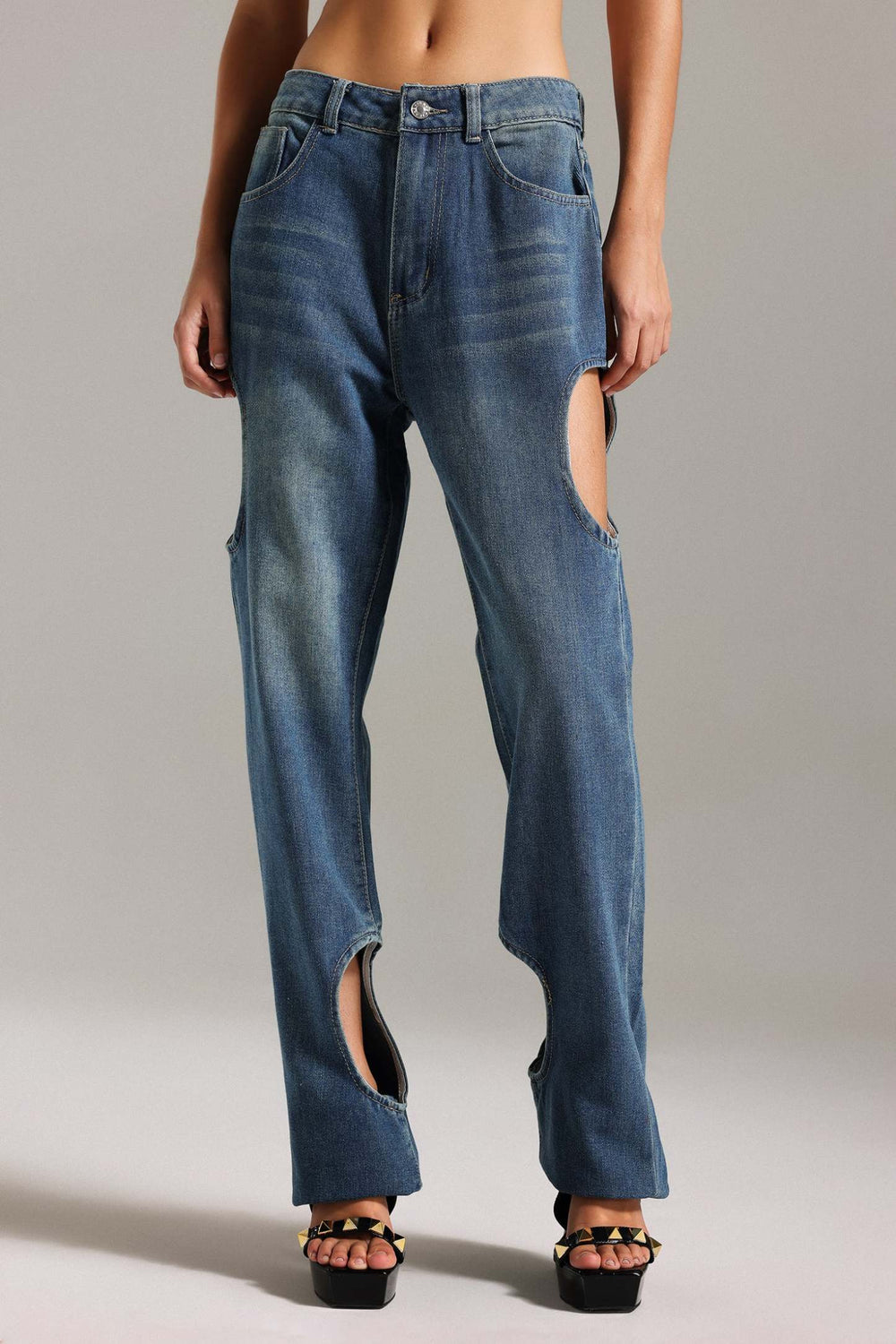 Kesik detaylı jean pantolon, polyester ve spandex karışımı