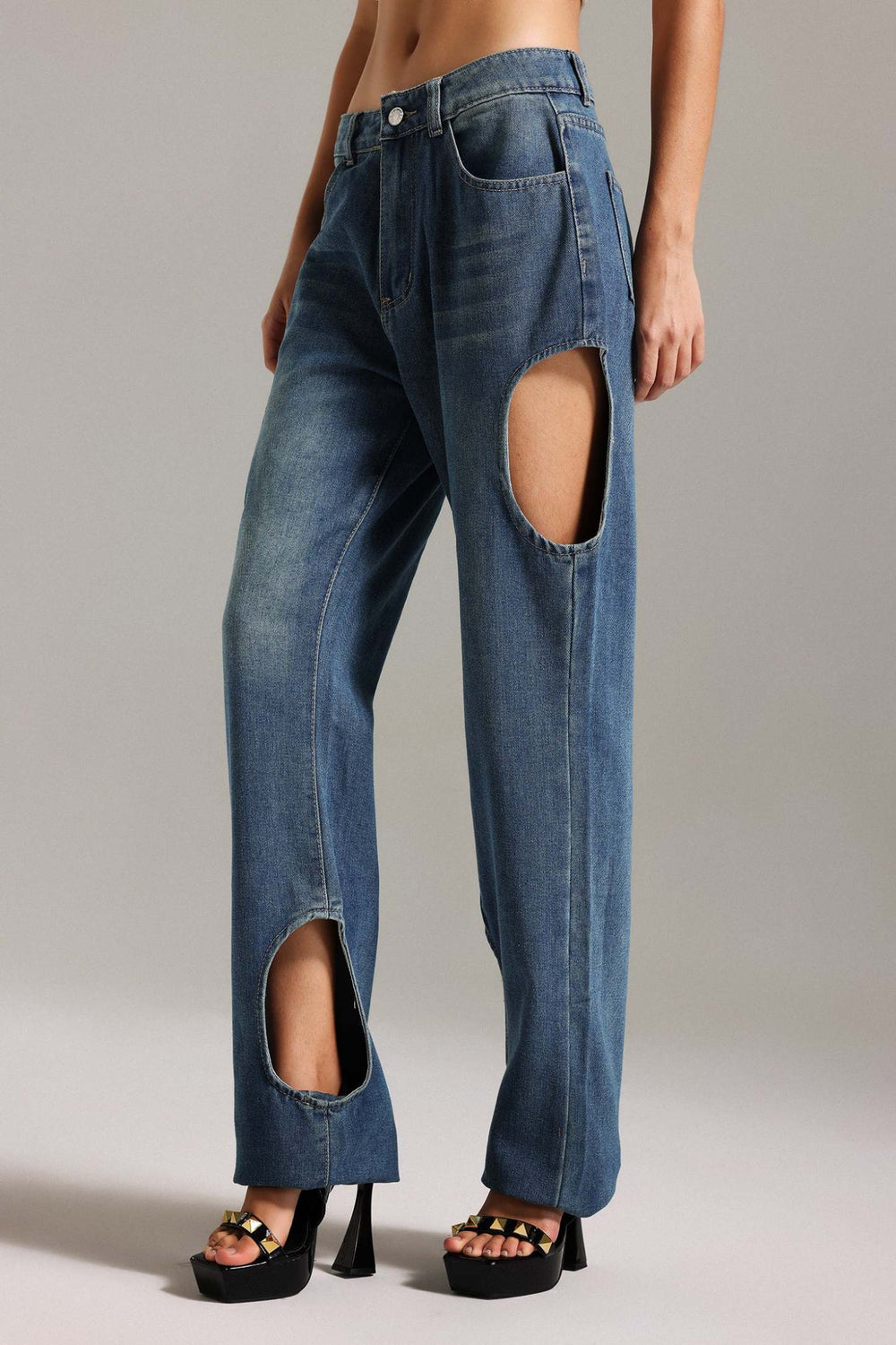 Kesik detaylı jean pantolon, polyester ve spandex karışımı