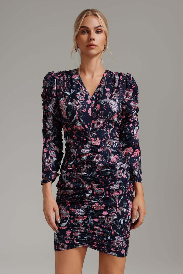 Paisley desenli, polyester mini elbise, makinede yıkanabilir.
