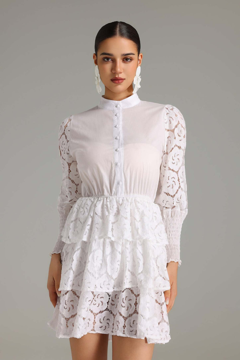 Dantelli katmanlı mini elbise, polyester ve pamuk karışımı