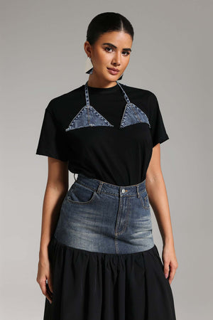 Patchwork Desenli Denim İkili Takım