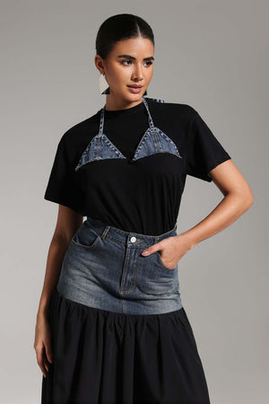 Patchwork Desenli Denim İkili Takım
