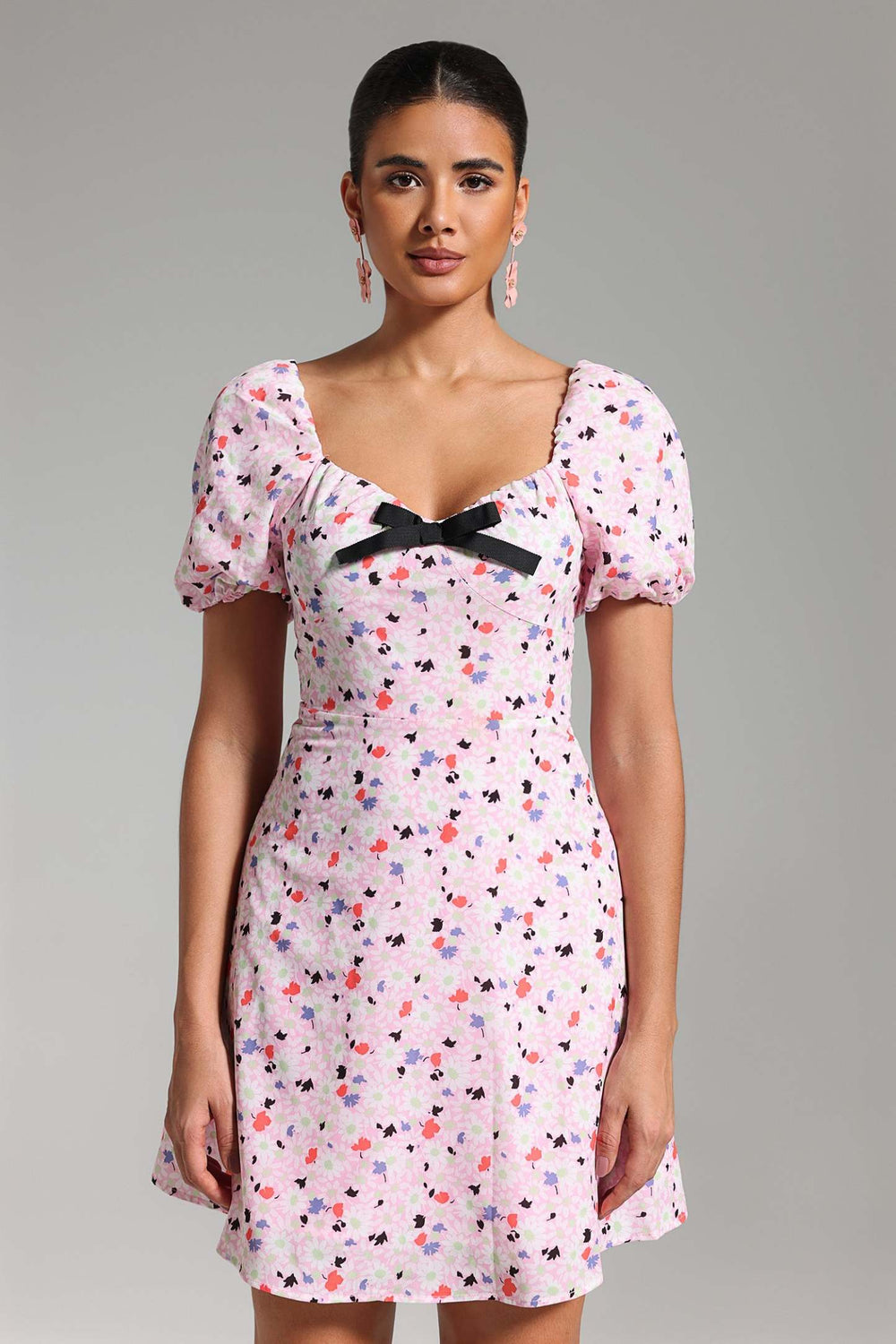 Vanessa desenli mini elbise puf kollar, polyester kumaş