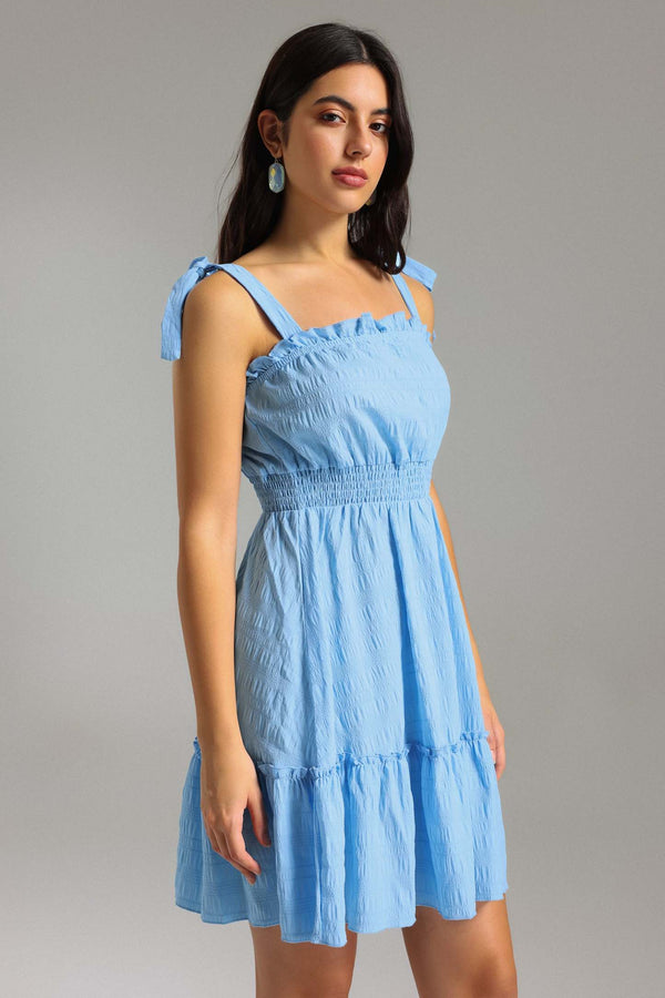 Mavi volanlı vinil halter yaka mini elbise