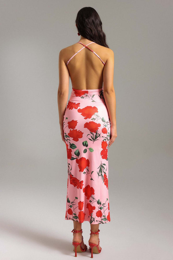 Waga Pembe Halter Yaka Baskılı Elbise