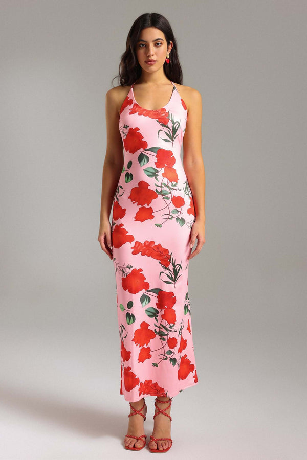 Pembe halter yaka baskılı polyester elbise.