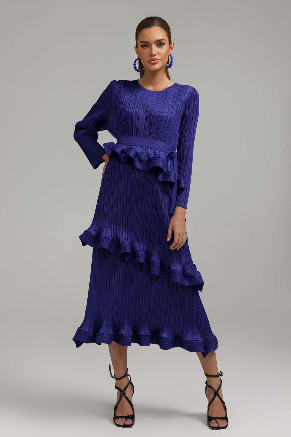 Winify katmanlı pileli midi elbise, polyester kumaştan