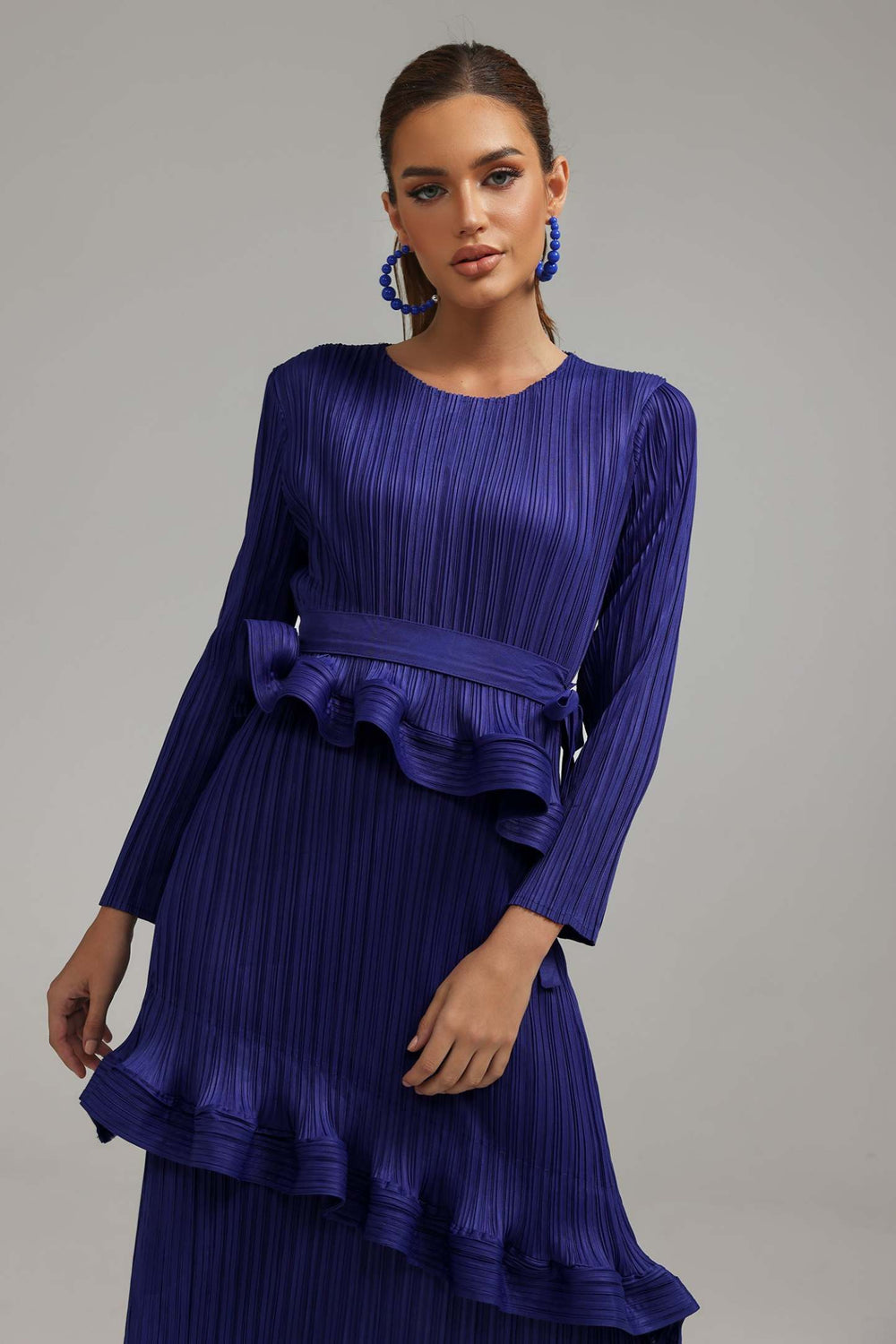 Winify katmanlı pileli midi elbise, polyester kumaştan