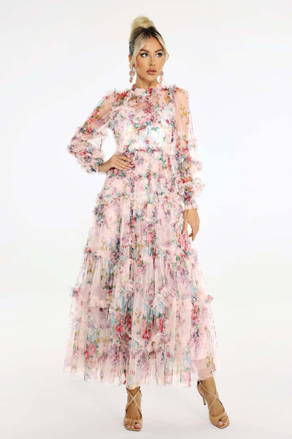 Desenli mesh midi elbise, polyester kumaş, Winona marka