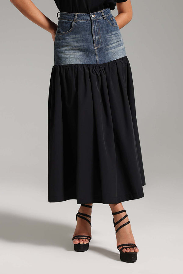 Patchwork Desenli Denim İkili Takım