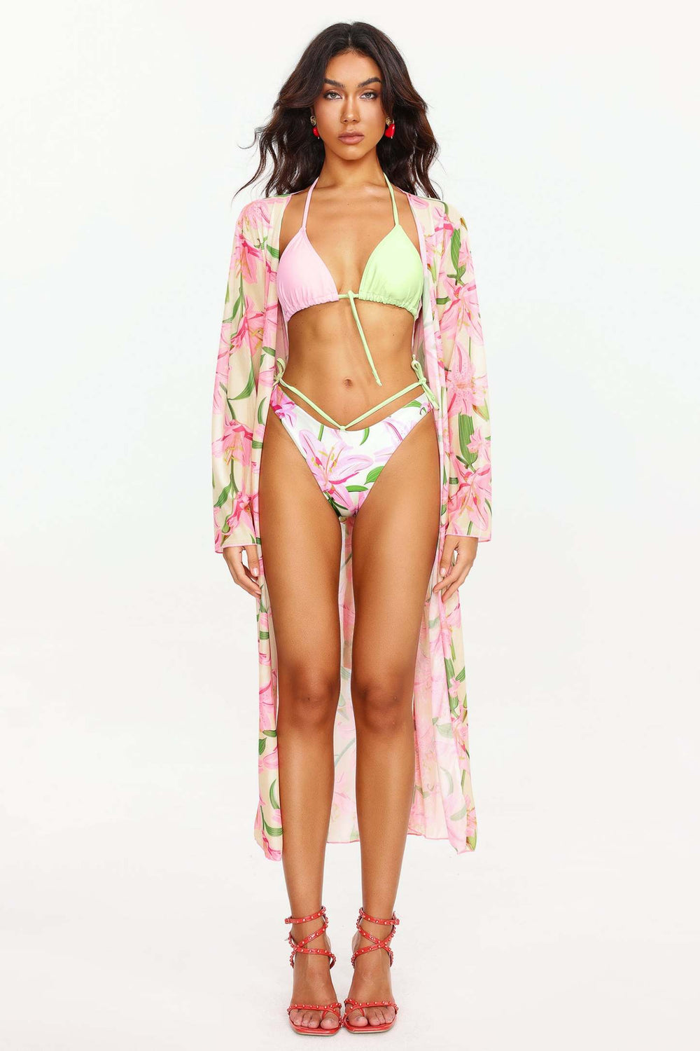 Zarinny çiçek desenli üç parça bikini seti, polyester ve spandex